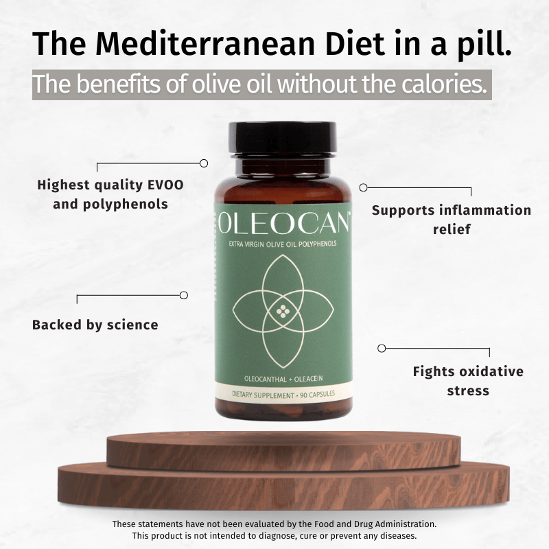 A brown supplement bottle labeled OLEOCAN™ Capsules - 90 Day Supply stands on wooden platforms. Text highlights: supports inflammation relief, fights oxidative stress, science-backed, rich in EVOO polyphenols.