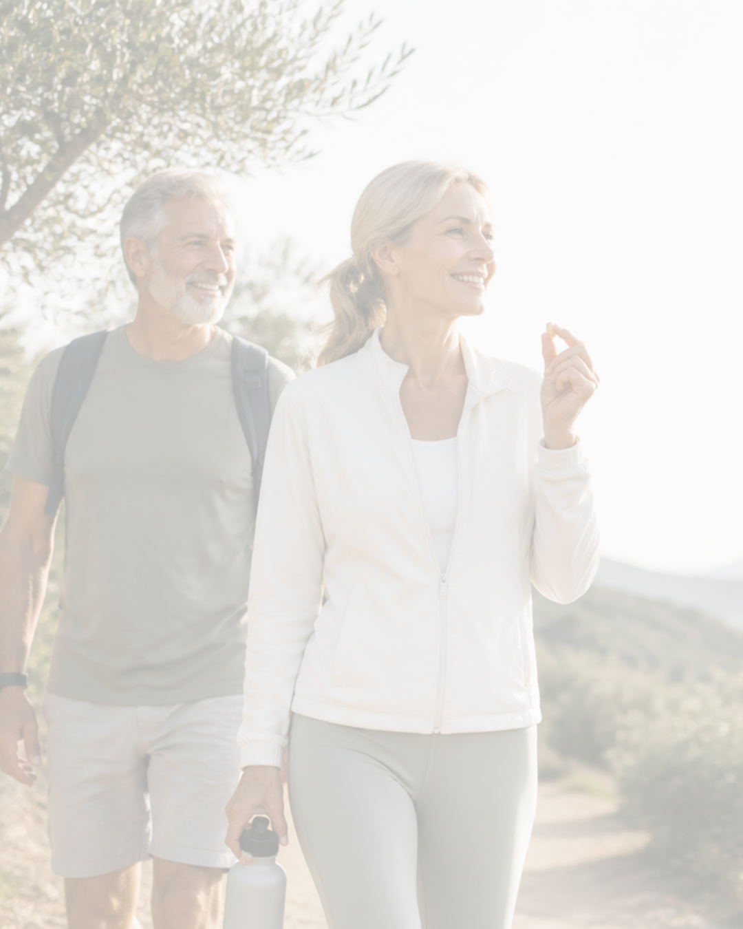 Active older couple enjoying a coastal walk near olive trees while incorporating a daily olive polyphenol capsule into a healthy aging and longevity routine